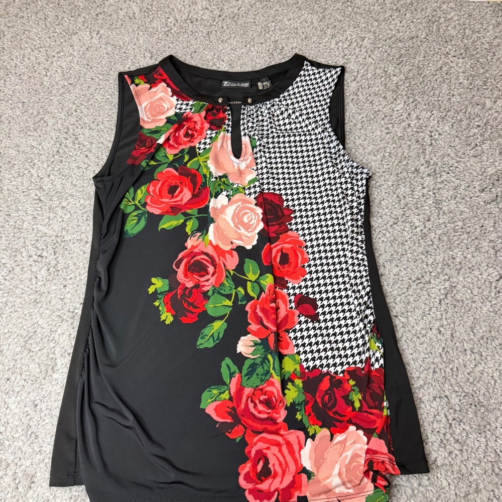7th Avenue Design Studio NY&C Floral Houndstooth Sleeveless Keyhole Top Large